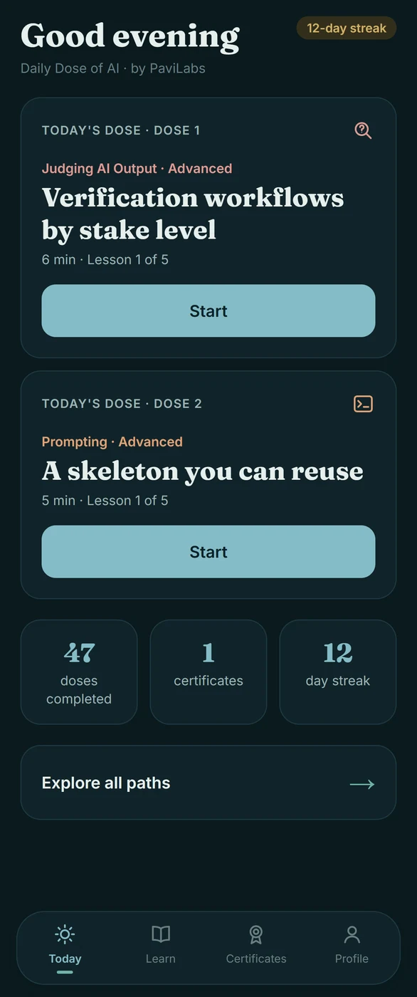 Daily Dose of AI: the Today screen with the daily dose, in dark mode